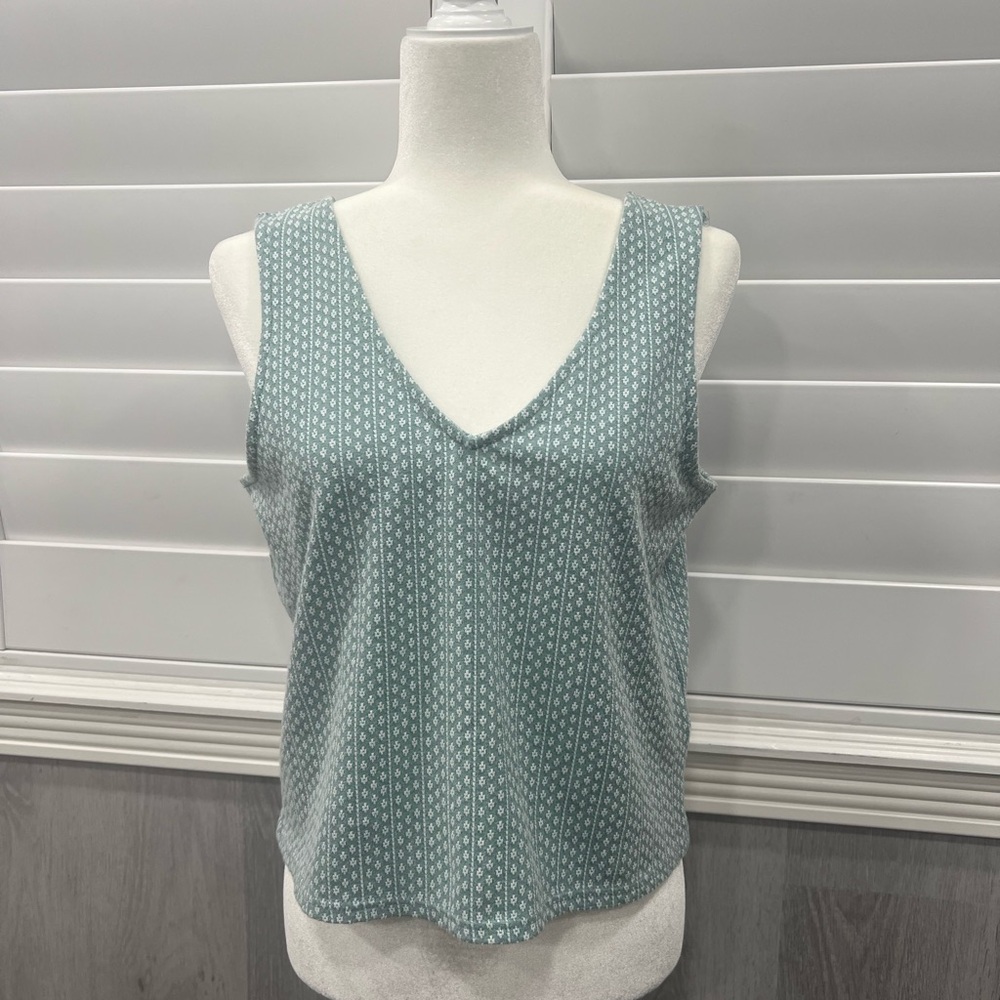 Madewell Women’s Small Boxy Cropped Textured Knit V Neck Tank Top Green White